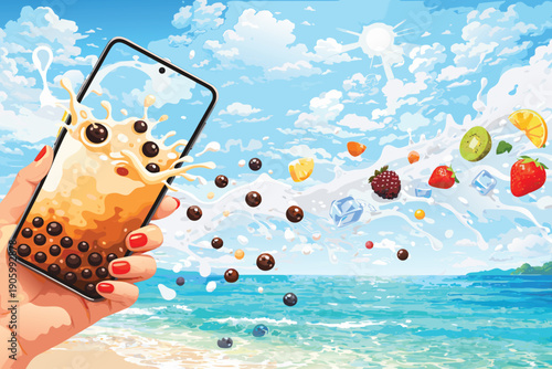 Creative scene showing a hand holding a mobile phone with floating fruits.