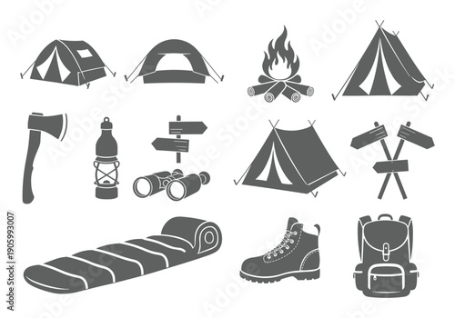 Camping gear and outdoor equipment silhouette icon set in a minimalist style