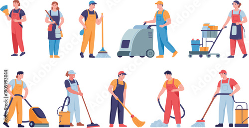 Vector illustrations of cleaning workers with tools and equipment, colorful design for housekeeping, janitorial services, hygiene, maintenance, and professional cleaning themes