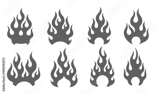 Flame silhouette icon collection with dynamic fire shapes and orientations