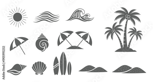 Tropical beach and summer silhouette icon set with coastal elements