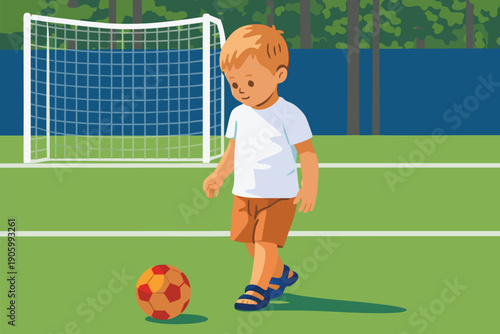 Young boy playing soccer alone on a green football field.