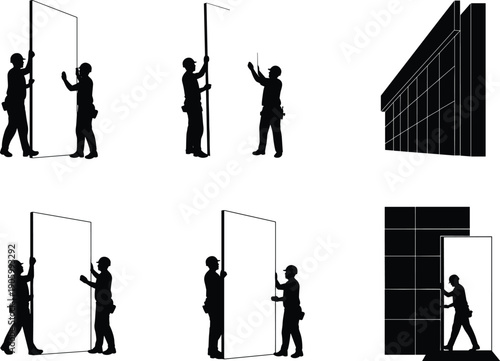 Vector silhouettes of construction workers installing wall panels, step‑by‑step building process, bold black design for labor, industry, teamwork, and instructional themes