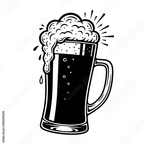 Frothy Beer Mug Vector Illustration with Foam Bubbles and Sparkling Light Rays