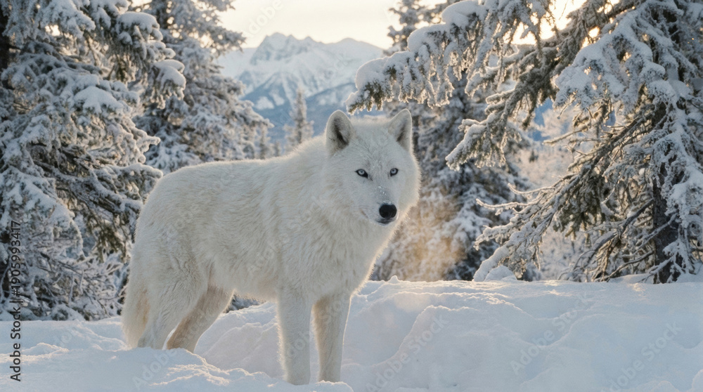 Obraz premium A majestic white wolf stands alert in a pristine snow-covered forest during golden hour. Its striking blue eyes gaze forward amidst frosted trees and distant snowy mountains.
