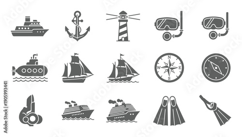Nautical silhouette icon set with maritime symbols ships anchors and navigation tools
