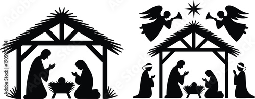 Vector silhouettes of nativity scenes with Mary, Joseph, baby Jesus, angels, shepherds, and star, bold black design for Christmas, religion, and spirituality