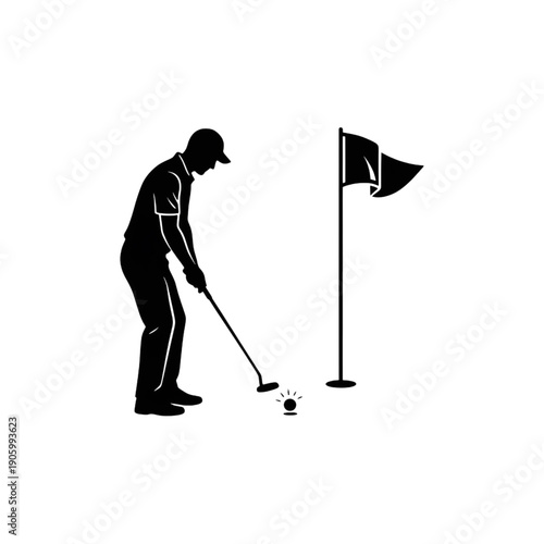 Professional Golfer Putting Ball into Hole on Green with Flag Icon