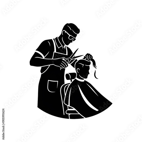 Professional Barber Cutting Hair with Scissors in Barbershop Silhouette Icon