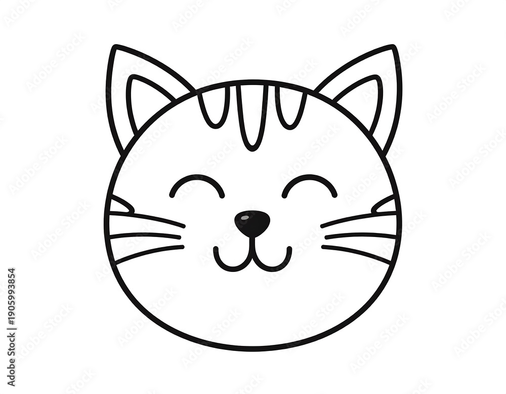 Fototapeta premium Simple line drawing of a cartoon cat face with stripes and a cute, smiling expression