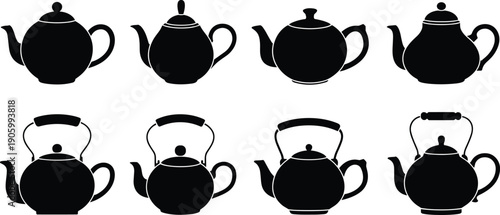 Vector silhouettes of teapots in varied shapes and styles, bold black kitchenware illustration for tea culture, beverage, hospitality, and decorative design themes