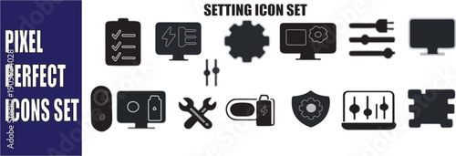Pixel Perfect Settings Icon Set – Tools, Controls and Configuration UI Symbols, Pixel perfect settings icon set featuring tools, sliders, controls, configuration, security, adjustment.