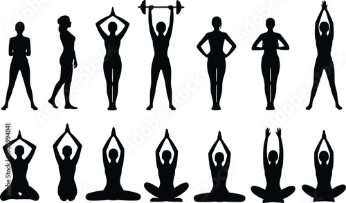 Women fitness silhouette set, female workout training and yoga poses with stretching meditation and weightlifting exercises, gym sport healthy lifestyle illustration isolated