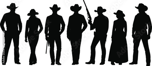 Wild west cowboy silhouette group, western men and cowgirl standing with hats and rifle, sheriff outlaw characters set isolated on white background