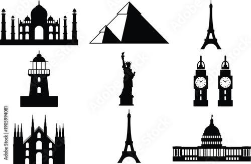 World famous landmark silhouettes set, Taj Mahal pyramids Eiffel Tower Big Ben Statue of Liberty lighthouse cathedral and capitol building, travel icon illustration