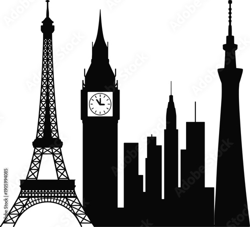 World famous landmarks silhouette illustration, Eiffel Tower Big Ben modern city skyline and tall tower icon set, travel tourism architecture concept