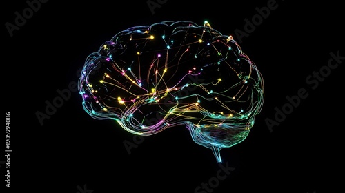 Vibrant neon cybernetic brain visualization with glowing connections on black background