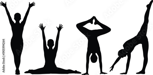 Yoga pose silhouette set, women doing stretching and balance exercises, fitness meditation workout concept, healthy lifestyle sport illustration isolated on white background