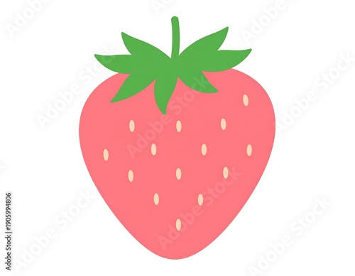 Simple strawberry drawing with pink body, light seeds, and green leaves on top