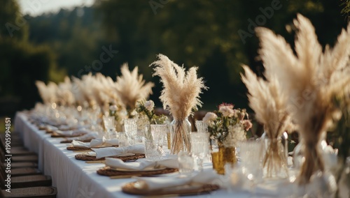 Elegant outdoor wedding table with floral centerpieces and wooden chairs