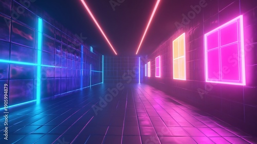 Neon lit underground art gallery with colorful windows and dark corridor