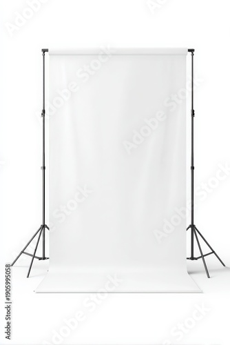 A plain white photography or video backdrop mounted on a black adjustable