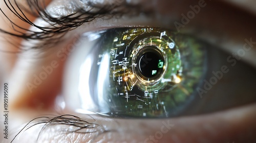 Close up of human eye with neural implant processing technology