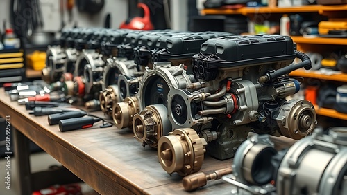 piston. Automotive engine parts displayed on a workbench with professional lighting and detailed focus. safety posters.