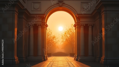 neoclassical. Majestic neoclassical archway glowing in golden sunset hues with a soft diffused light. inspiring travel planning.