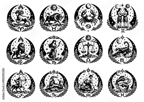 Set of twelve zodiac signs illustrated in a vintage woodcut style. Black and white circular emblems with stars, moons, and animals symbols isolated on white background