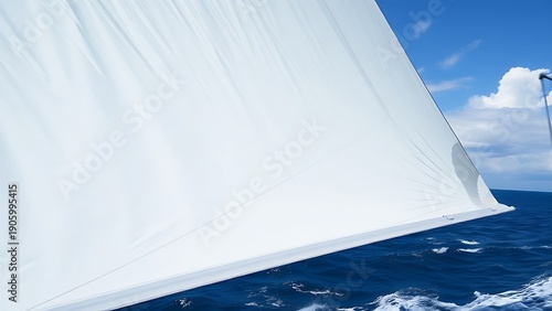 sailcloth. Vast white sailcloth billowing in strong wind over deep blue ocean. mobility guides, transit brochures, designed for transport & logistics marketing, used by content marketers.
