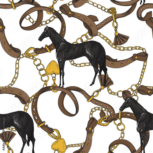 Seamless pattern with horses and belts. Vector.