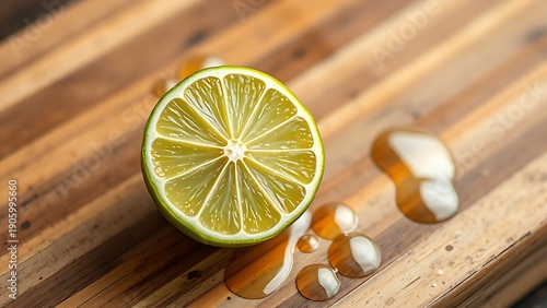 sudachi. A sudachi lime sliced in half on a rustic wooden cutting board, droplets of fresh juice. menu design, packaging mockups, designed for food delivery and cloud-kitchen brand materials.