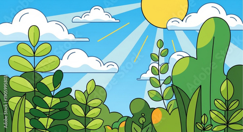 Vibrant cartoon landscape with lush greenery and sunny sky featuring clouds and sun rays serene natural scenery