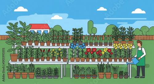 Gardener tending to potted plants on multiple shelving units in a serene backyard garden setting with house