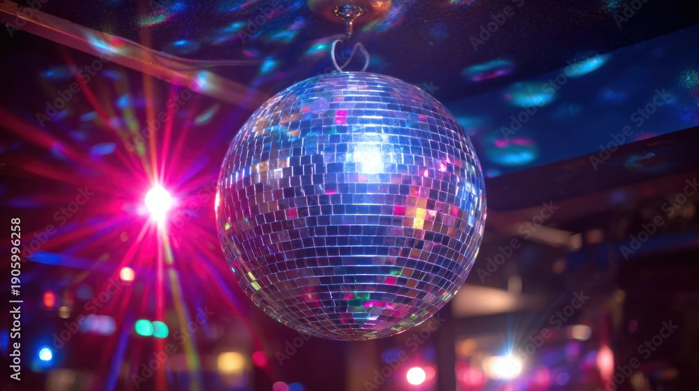 Fototapeta premium Shimmering disco ball in a vibrant party atmosphere with colorful lights.