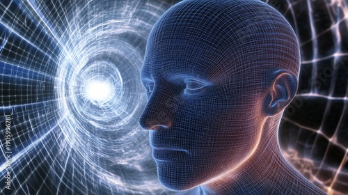 Philosopher man with digital glowing brain waves and futuristic neural network