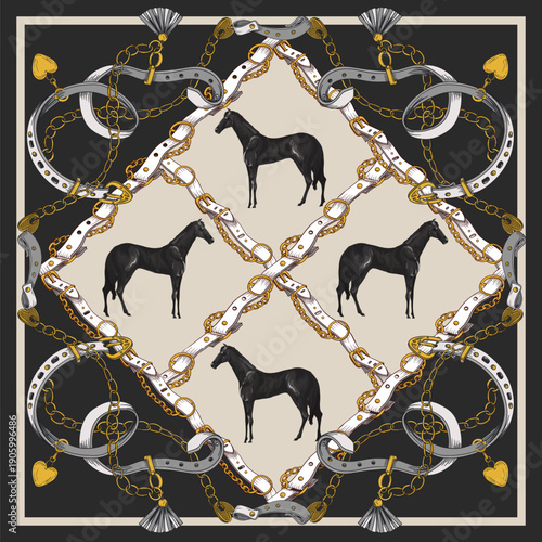 Design scarf with belts and horses. Vector.