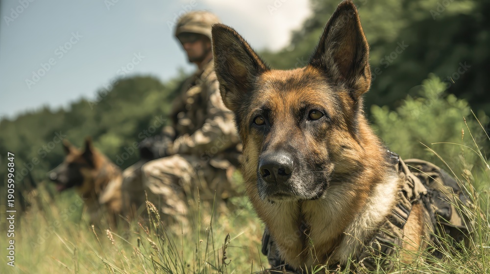Fototapeta premium German Shepherd in Training with Soldier in Background on a Sunny Day