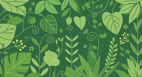 Vibrant green foliage pattern with various leaf shapes and yellow flowers on dark background