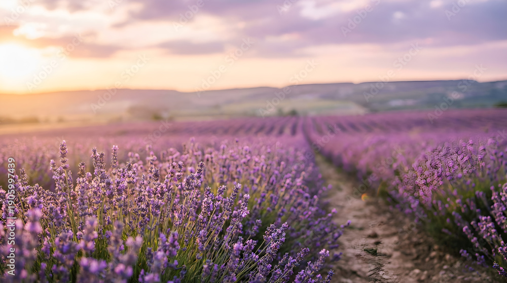 Fototapeta premium Beautiful lavender field rows at sunset