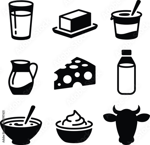 A collection of dairy product icons including milk, cheese, butter, and yogurt