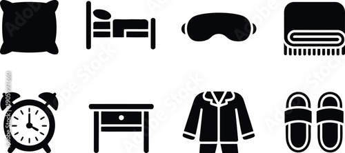 A collection of black and white icons representing bedroom and sleeping essentials on a clean white background