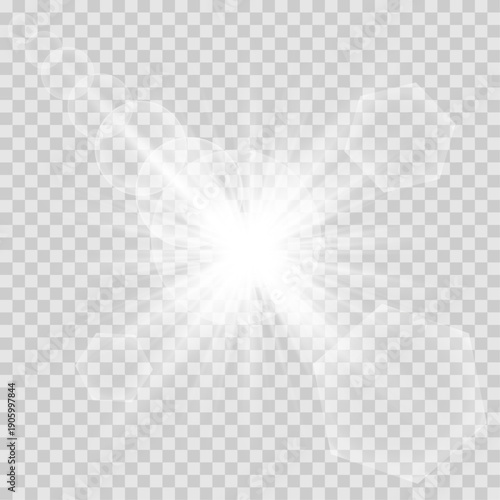 White glowing light burst, transparent explosion. Vector illustration for a cool, radiant glitter effect. Bright star. Transparent glitter gradient, bright glare. Glare texture.