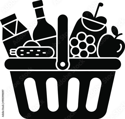 A black and white illustration of a shopping basket filled with food and drink items