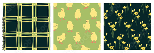 Chickens seamless patterns collection. Cute birds, tartan, flowers in green and yellow colors. Springtime backgrounds for printing on fabric and paper. Vector design for textile, endless wallpaper.