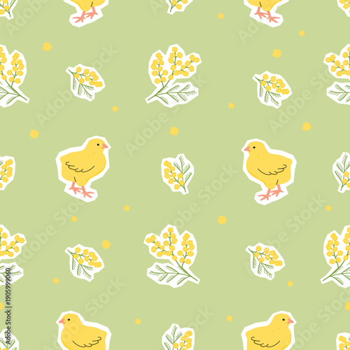 Springtime seamless pattern with cute chick and sprig of tansy. Yellow and green colors. Print with little bird and botanical elements. Vector design for textile, wrapping paper, endless wallpaper.