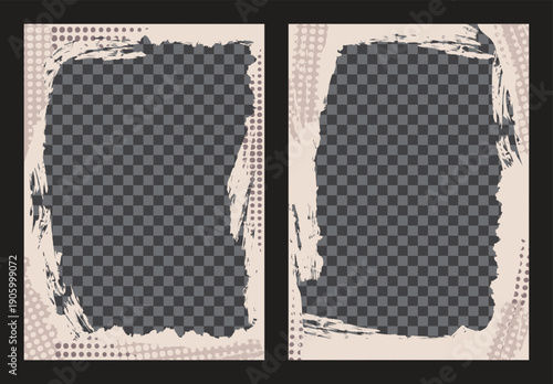 Vertical grunge frames set. Borders with jagged edges and grainy texture of halftone dots. Abstract isolated design elements with vintage effect. Vector artistic templates for posters, photos, invites