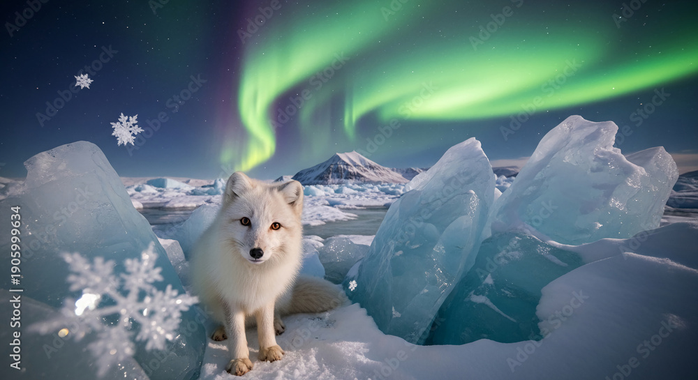Fototapeta premium Arctic fox with white fur sits on snow near ice blocks, under northern lights and starry sky, representing arctic wildlife, nature and winter landscapes