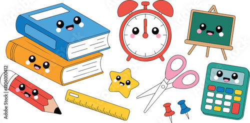 Cute School Supplies Vector Set  Smiling Faces & Educational Items